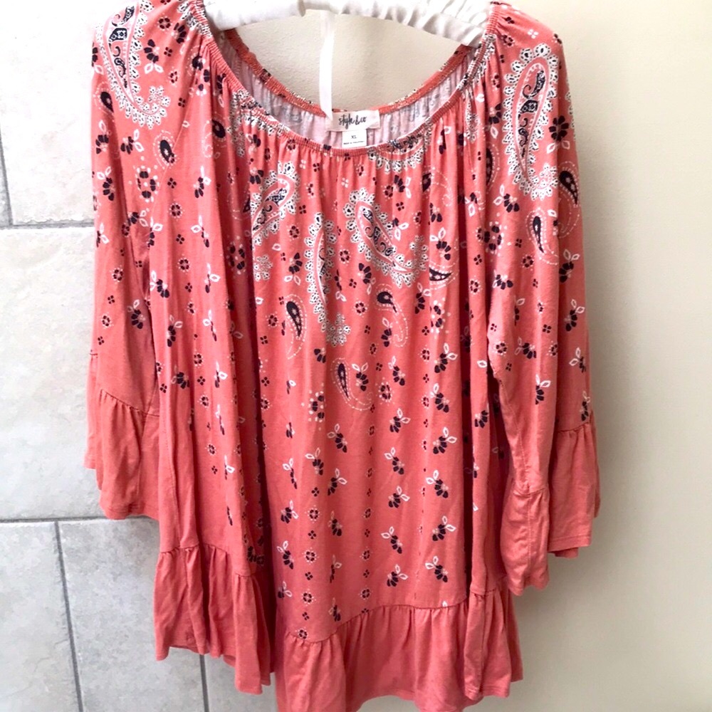 Style & Co ruffle top,wide elastic neck, peach terracotta color, 3/4 sleeves